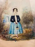 English School, Girl with a Blue Skirt, Watercolor on paper
