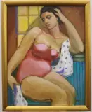 Lady in a Red Bathing Suit by American School, Oil on Canvas, sold Jun 2022