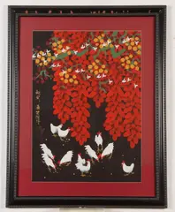 Chinese School, Plum Trees and White Chicken, Mixed media on paper
