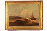 Beach view with castle in horizon by Continental School, Oil on canvas with guild frame, offered Aug 2022