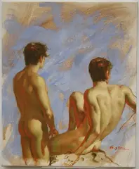 A pair: Beach Boys, [LGBTQ+ INTEREST] by Hongtao Huang, Oil on canvas, sold Aug 2022
