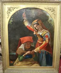 Continental School, The Fortune Teller, Oil on canvas encased in a decorated carved, gesso, and gilded early-19th century picture frame