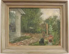Gustav Trois, Untitled, PATIO IN SUMMER, circa 1984, oil on board