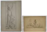 Charles Holloway, A pair of mural studies: "Pontiac" and "Court House Furgus Fall- Indian Hunters", Pencil on board. "Court:" 4" x 7 1/2" (image size) and "Pontiac:" 13 3/4" x 5 1/4" (image size)