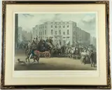 E. F. Lambert, "The Age" Brighton Coach at the "Bull & Mouth", Coloured aquatint engraved by Charles Hunt and printed by J