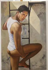 Yaoge, Untitled, Ladder Climber, 2019, [LGBTQ+ INTEREST] Oil on canvas