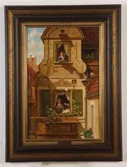 The Intercepted Love Letter by Hans K. Neubert, 1977, Oil on board artwork after the 1860 painting by Carl Spitzweg (German, 1808, offered Sep 2022
