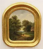 Woman with a Red Skirt by English School, Oil on board, sold Nov 2022
