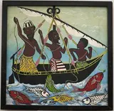 Noel Kapanda, The Happy Fishermen, Oil on masonite