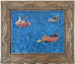 Joseph Cameau, Three Small Boats at Sea, circa 1975, Oil on Masonite