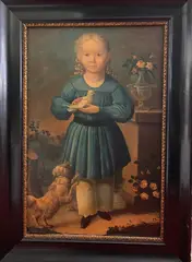Continental School, Girl with Bird and Dog, Oil on canvas