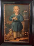 Girl with Bird and Dog by Continental School, Oil on canvas, sold Dec 2022
