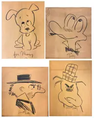 Walt Kelly, Pogo characters: "Deacon Mushrat," "Albert Alligator," "Pup Dog," and "Porkypine.", Charcoal drawings or sketches of four POGO characters