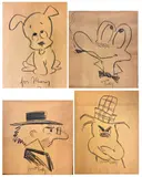 Walt Kelly, Pogo characters: "Deacon Mushrat," "Albert Alligator," "Pup Dog," and "Porkypine.", Charcoal drawings or sketches of four POGO characters