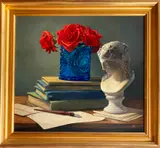 Jonathan Thiel Simon, Poetic Still Life, Depicts classical white marble bust, stacked books, blue vase with red roses, and pen and letters on table top