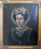 Lady Wearing a Flower Bonnet by French School, circa 1830, Oil on canvas, sold Dec 2022