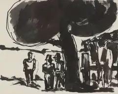 Josef Herman, Untitled, Josef Herman RA (1911-2000) Figures under a tree pen and ink over pencil 20 x 25cm