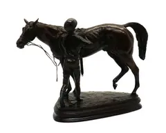 Priscilla Hann, Untitled, Priscilla Hann (b. 1943). a bronze figure of a jockey saddling a horse, on a mahogany base