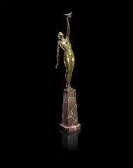 Pierre le Faguays, 'Messager d'Amour' a Patinated Bronze Figure, circa 1925, modelled as a stylised nude woman holding up a bird with one out-stretched arm, on a marble base