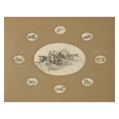 Snr. John Frederick Herring, Hunting Scene, surrounded by eight hunting-related vignettes, pen, ink and wash