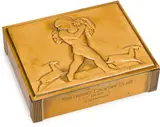 Bacchus card/cigarette box by Rockwell Kent, circa 1935, repousse hammered brass, wood, offered Dec 2013