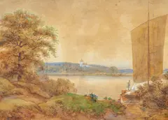 Landschaft an der Elbe by Ernst Ferdinand Oehme, Aquarell auf Papier, sold Nov 2024
