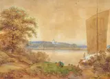 Ernst Ferdinand Oehme, Landschaft an der Elbe, Aquarell auf Papier