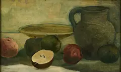 Eberhard Viegener, Krug mit Obst, 1935, Öl auf Holz