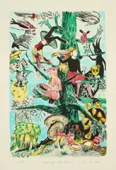 Rosa Loy, Vergnügen des Baumes, 2016, Farblithografie, handkoloriert auf Bütten