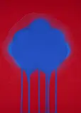 Otto Piene, Blaue Feuerblume, 1967, Farbserigrafie auf rotem Karton