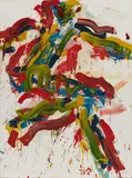 Otto Muehl, Ohne Titel (Gestisch abstrakte Figur in Rot-Grün-Gelb), 1983, Öl auf Leinwand