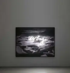 "Why". Aus: Fire Ring - Essential is visible (Patagonien/Chile 2018) by Magdalena Jetelová, 2017, Mixed Media (Leuchtkasten, elektrifiziert), sold Nov 2024