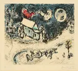 Marc Chagall, Les Coqs sur le toit, 1968, Farbradierung auf Velin
