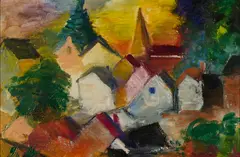 Barthel Gilles, Dorf mit Kirche, 1953, Enkaustik auf Karton