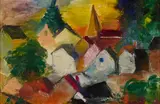 Barthel Gilles, Dorf mit Kirche, 1953, Enkaustik auf Karton
