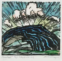 Eberhard Viegener, Sauerland. Gewitterwolken über Bergen, 1918/19, Holzschnitt, aquarelliert auf dünnem Japan