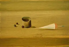 Stillleben mit Dose und rot-weißem Schwimmer by Horst Skodlerrak, 1964, Öl auf Holz, sold Feb 2024