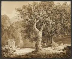 Italienische Waldlandschaft mit Gebetsstock by Friedrich Müller, Lavierte Tuschzeichnung auf Papier, sold Jan 2024