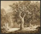 Friedrich Müller, Italienische Waldlandschaft mit Gebetsstock, Lavierte Tuschzeichnung auf Papier