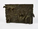 Alfred Hrdlicka, Astronautenrelief (Entwurf für die Universität Stuttgart, Flugzeugbau), 1971, Bronze, braun und vereinzelt grün patiniert