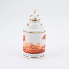 Frankenthal, Teedose mit umlaufender Landschaft in eisenrotem Camaieu, 1783, Porzellan, gold und eisenrot dekoriert