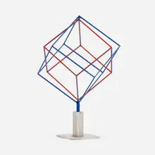 Gyrating Stroboscopic Cubes by Jerome Kirk, 1990, painted stainless steel and aluminum mounted to an aluminum base, sold Nov 2023