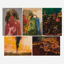 Jörg Herold, Five works from the Klassische Kampfkultur series, 2004-07, acrylic, gouache, latex over photocopy on paper