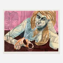 David Salle, Portrait with Scissors and Nightclub, 1982, woodcut in colors on Echizen Kozo Nimai-Zuki