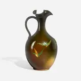 Weller Pottery, Fine Louwelsa ewer with four barn swallows in flight