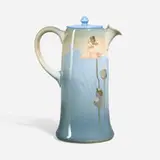 John Dee Wareham for Rookwood Pottery, Iris Glaze lidded chocolate pot with African poppies and trees