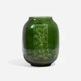 Limoges style lamp vase with dancing frogs and leaves by Harriet Wenderoth for Rookwood Pottery, 1882, carved and glazed earthenware, sold Jun 2023