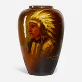 Chief Hollow Horn Bear (Monumental Utopian portrait vase) by Anna Fulton Best for Owens Pottery, c. 1905, glazed earthenware, sold Jun 2023
