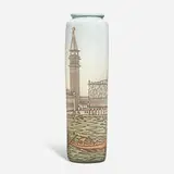 C.A. Dusenbery for Weller Pottery, Tall Dickensware vase with Venice harbor scene
