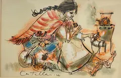 Argentine School, Lady Drinking Mate, 1974, With an undeciphrable ink signature lower left corner